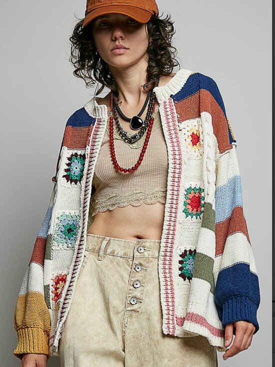 POL Sweaters - POL Boho Granny Square Crochet Patchwork Cardigan